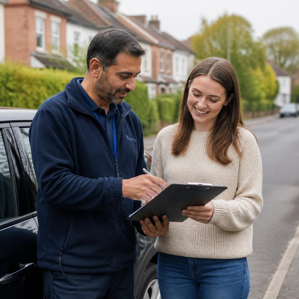 Driving instructor talking a learner through a question in the car